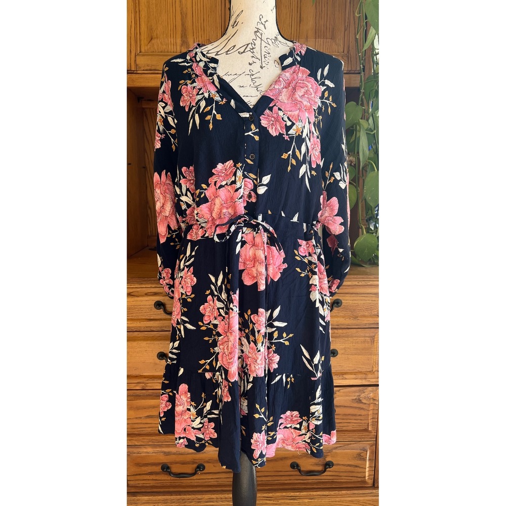 Billabong Women's Navy Pink Floral Long Sleeve Tie Waist Mini Dress Size Small
